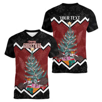 Personalised New Zealand Christmas Women V-Neck T-Shirt Xmas Fern and Kiwi Birds LT7 - Polynesian Pride