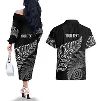 Aotearoa Personalized Lawn Bowls Maori Couples Matching Off The Shoulder Long Sleeve Dress and Hawaiian Shirt New Zealand Black Tribal Silver Fern LT7 - Polynesian Pride