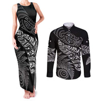 Aotearoa Personalized Lawn Bowls Maori Couples Matching Tank Maxi Dress and Long Sleeve Button Shirt New Zealand Black Tribal Silver Fern LT7 Black - Polynesian Pride