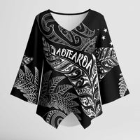 Aotearoa Personalized Lawn Bowls Maori Kimono Sleeve Blouse New Zealand Black Tribal Silver Fern LT7 Female Black - Polynesian Pride