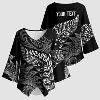 Aotearoa Personalized Lawn Bowls Maori Kimono Sleeve Blouse New Zealand Black Tribal Silver Fern LT7 - Polynesian Pride