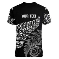 Aotearoa Personalized Lawn Bowls Maori Women V-Neck T-Shirt New Zealand Black Tribal Silver Fern LT7 - Polynesian Pride