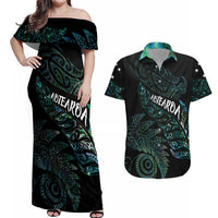 Aotearoa Personalized Lawn Bowls Maori Couples Matching Off Shoulder Maxi Dress and Hawaiian Shirt New Zealand Paua Shell Tribal Silver Fern LT7 Green - Polynesian Pride
