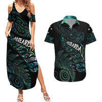 Aotearoa Personalized Lawn Bowls Maori Couples Matching Summer Maxi Dress and Hawaiian Shirt New Zealand Paua Shell Tribal Silver Fern LT7 Green - Polynesian Pride