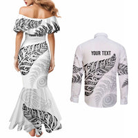 Aotearoa Personalized Lawn Bowls Maori Couples Matching Mermaid Dress and Long Sleeve Button Shirt New Zealand White Tribal Silver Fern LT7 - Polynesian Pride