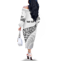 Aotearoa Personalized Lawn Bowls Maori Family Matching Off The Shoulder Long Sleeve Dress and Hawaiian Shirt New Zealand White Tribal Silver Fern LT7 - Polynesian Pride