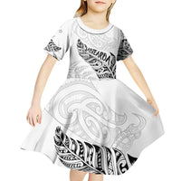 Aotearoa Personalized Lawn Bowls Maori Kid Short Sleeve Dress New Zealand White Tribal Silver Fern LT7 - Polynesian Pride