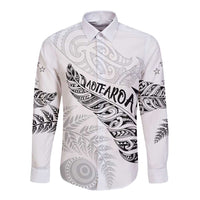 Aotearoa Personalized Lawn Bowls Maori Long Sleeve Button Shirt New Zealand White Tribal Silver Fern LT7 Unisex White - Polynesian Pride