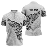 Aotearoa Personalized Lawn Bowls Maori Zipper Polo Shirt New Zealand White Tribal Silver Fern LT7 - Polynesian Pride