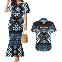 Personalised Taniko Motifs Aotearoa Couples Matching Mermaid Dress and Hawaiian Shirt Waitangi Kowhaiwhai Kiwi - Blue LT7 Blue - Polynesian Pride
