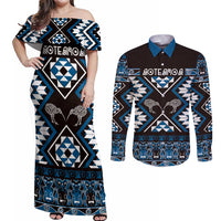 Personalised Taniko Motifs Aotearoa Couples Matching Off Shoulder Maxi Dress and Long Sleeve Button Shirt Waitangi Kowhaiwhai Kiwi - Blue LT7 Blue - Polynesian Pride
