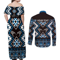 Personalised Taniko Motifs Aotearoa Couples Matching Off Shoulder Maxi Dress and Long Sleeve Button Shirt Waitangi Kowhaiwhai Kiwi - Blue LT7 - Polynesian Pride