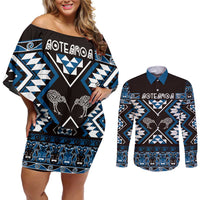 Personalised Taniko Motifs Aotearoa Couples Matching Off Shoulder Short Dress and Long Sleeve Button Shirt Waitangi Kowhaiwhai Kiwi - Blue LT7 Blue - Polynesian Pride