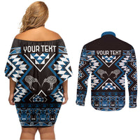 Personalised Taniko Motifs Aotearoa Couples Matching Off Shoulder Short Dress and Long Sleeve Button Shirt Waitangi Kowhaiwhai Kiwi - Blue LT7 - Polynesian Pride