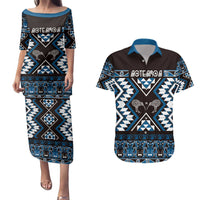 Personalised Taniko Motifs Aotearoa Couples Matching Puletasi and Hawaiian Shirt Waitangi Kowhaiwhai Kiwi - Blue LT7 Blue - Polynesian Pride