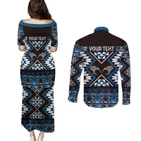 Personalised Taniko Motifs Aotearoa Couples Matching Puletasi and Long Sleeve Button Shirt Waitangi Kowhaiwhai Kiwi - Blue LT7 - Polynesian Pride