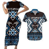 Personalised Taniko Motifs Aotearoa Couples Matching Short Sleeve Bodycon Dress and Hawaiian Shirt Waitangi Kowhaiwhai Kiwi - Blue LT7 Blue - Polynesian Pride