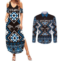 Personalised Taniko Motifs Aotearoa Couples Matching Summer Maxi Dress and Long Sleeve Button Shirt Waitangi Kowhaiwhai Kiwi - Blue LT7 Blue - Polynesian Pride