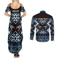 Personalised Taniko Motifs Aotearoa Couples Matching Summer Maxi Dress and Long Sleeve Button Shirt Waitangi Kowhaiwhai Kiwi - Blue LT7 - Polynesian Pride