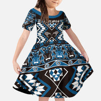 Personalised Taniko Motifs Aotearoa Family Matching Off The Shoulder Long Sleeve Dress and Hawaiian Shirt Waitangi Kowhaiwhai Kiwi - Blue LT7 Daughter's Dress Blue - Polynesian Pride
