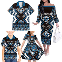 Personalised Taniko Motifs Aotearoa Family Matching Off The Shoulder Long Sleeve Dress and Hawaiian Shirt Waitangi Kowhaiwhai Kiwi - Blue LT7 - Polynesian Pride