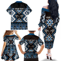 Personalised Taniko Motifs Aotearoa Family Matching Off The Shoulder Long Sleeve Dress and Hawaiian Shirt Waitangi Kowhaiwhai Kiwi - Blue LT7 - Polynesian Pride