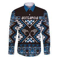 Personalised Taniko Motifs Aotearoa Family Matching Off The Shoulder Long Sleeve Dress and Hawaiian Shirt Waitangi Kowhaiwhai Kiwi - Blue LT7 Dad's Shirt - Long Sleeve Blue - Polynesian Pride