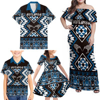 Personalised Taniko Motifs Aotearoa Family Matching Off Shoulder Maxi Dress and Hawaiian Shirt Waitangi Kowhaiwhai Kiwi - Blue LT7 - Polynesian Pride