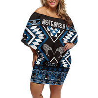 Personalised Taniko Motifs Aotearoa Family Matching Off Shoulder Short Dress and Hawaiian Shirt Waitangi Kowhaiwhai Kiwi - Blue LT7 Mom's Dress Blue - Polynesian Pride