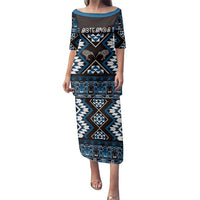 Personalised Taniko Motifs Aotearoa Family Matching Puletasi and Hawaiian Shirt Waitangi Kowhaiwhai Kiwi - Blue LT7 Mom's Dress Blue - Polynesian Pride