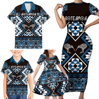 Personalised Taniko Motifs Aotearoa Family Matching Short Sleeve Bodycon Dress and Hawaiian Shirt Waitangi Kowhaiwhai Kiwi - Blue LT7 - Polynesian Pride