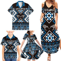 Personalised Taniko Motifs Aotearoa Family Matching Summer Maxi Dress and Hawaiian Shirt Waitangi Kowhaiwhai Kiwi - Blue LT7 - Polynesian Pride