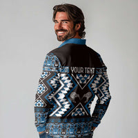 Personalised Taniko Motifs Aotearoa Long Sleeve Polo Shirt Waitangi Kowhaiwhai Kiwi - Blue LT7 - Polynesian Pride