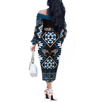 Personalised Taniko Motifs Aotearoa Off The Shoulder Long Sleeve Dress Waitangi Kowhaiwhai Kiwi - Blue LT7 - Polynesian Pride
