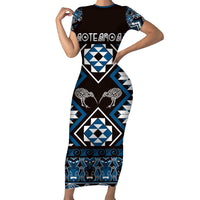 Personalised Taniko Motifs Aotearoa Short Sleeve Bodycon Dress Waitangi Kowhaiwhai Kiwi - Blue LT7 Long Dress Blue - Polynesian Pride