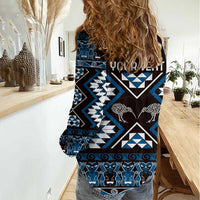 Personalised Taniko Motifs Aotearoa Women Casual Shirt Waitangi Kowhaiwhai Kiwi - Blue LT7 - Polynesian Pride