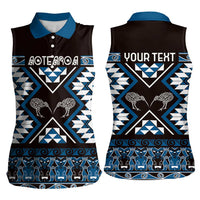 Personalised Taniko Motifs Aotearoa Women Sleeveless Polo Shirt Waitangi Kowhaiwhai Kiwi - Blue LT7 - Polynesian Pride