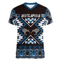Personalised Taniko Motifs Aotearoa Women V-Neck T-Shirt Waitangi Kowhaiwhai Kiwi - Blue LT7 Female Blue - Polynesian Pride