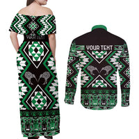 Personalised Taniko Motifs Aotearoa Couples Matching Off Shoulder Maxi Dress and Long Sleeve Button Shirt Waitangi Kowhaiwhai Kiwi - Green LT7 - Polynesian Pride