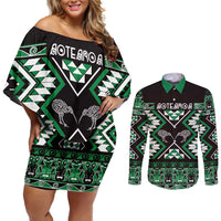 Personalised Taniko Motifs Aotearoa Couples Matching Off Shoulder Short Dress and Long Sleeve Button Shirt Waitangi Kowhaiwhai Kiwi - Green LT7 Green - Polynesian Pride