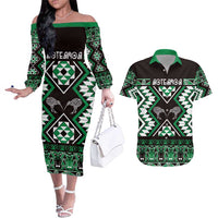 Personalised Taniko Motifs Aotearoa Couples Matching Off The Shoulder Long Sleeve Dress and Hawaiian Shirt Waitangi Kowhaiwhai Kiwi - Green LT7 Green - Polynesian Pride