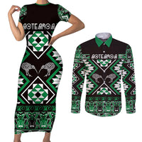 Personalised Taniko Motifs Aotearoa Couples Matching Short Sleeve Bodycon Dress and Long Sleeve Button Shirt Waitangi Kowhaiwhai Kiwi - Green LT7 Green - Polynesian Pride