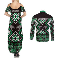 Personalised Taniko Motifs Aotearoa Couples Matching Summer Maxi Dress and Long Sleeve Button Shirt Waitangi Kowhaiwhai Kiwi - Green LT7 - Polynesian Pride