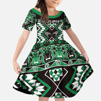 Personalised Taniko Motifs Aotearoa Family Matching Mermaid Dress and Hawaiian Shirt Waitangi Kowhaiwhai Kiwi - Green LT7 Daughter's Dress Green - Polynesian Pride