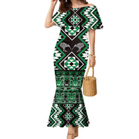 Personalised Taniko Motifs Aotearoa Family Matching Mermaid Dress and Hawaiian Shirt Waitangi Kowhaiwhai Kiwi - Green LT7 Mom's Dress Green - Polynesian Pride