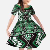 Personalised Taniko Motifs Aotearoa Family Matching Off The Shoulder Long Sleeve Dress and Hawaiian Shirt Waitangi Kowhaiwhai Kiwi - Green LT7 Daughter's Dress Green - Polynesian Pride