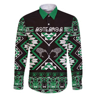 Personalised Taniko Motifs Aotearoa Family Matching Off The Shoulder Long Sleeve Dress and Hawaiian Shirt Waitangi Kowhaiwhai Kiwi - Green LT7 Dad's Shirt - Long Sleeve Green - Polynesian Pride