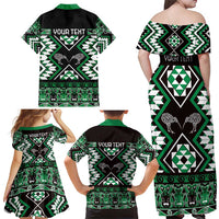 Personalised Taniko Motifs Aotearoa Family Matching Off Shoulder Maxi Dress and Hawaiian Shirt Waitangi Kowhaiwhai Kiwi - Green LT7 - Polynesian Pride