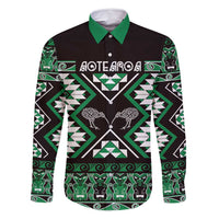 Personalised Taniko Motifs Aotearoa Family Matching Tank Maxi Dress and Hawaiian Shirt Waitangi Kowhaiwhai Kiwi - Green LT7 Dad's Shirt - Long Sleeve Green - Polynesian Pride
