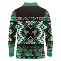 Personalised Taniko Motifs Aotearoa Long Sleeve Polo Shirt Waitangi Kowhaiwhai Kiwi - Green LT7 - Polynesian Pride